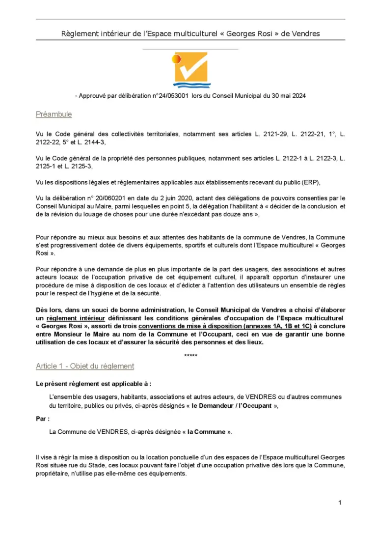 Première page de « Règlement intérieur »